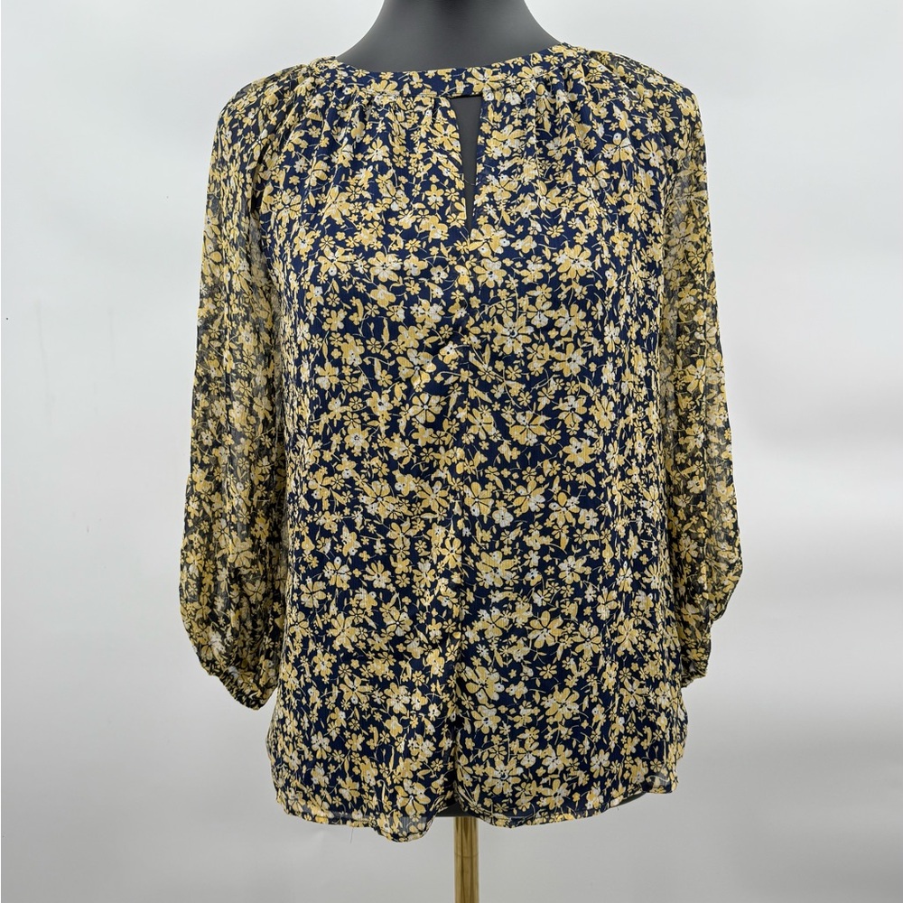 Vince Camuto Navy and Yellow Floral‎ Blouse
